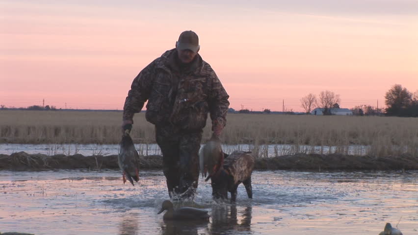 Successful Duck hunter with his dog at sunrise in Arkansas.