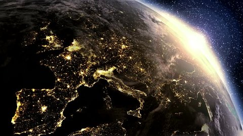 High detailed. 3d Render using satellite imagery (NASA). 
Planet earth Europe zone with night time and sunrise from space.