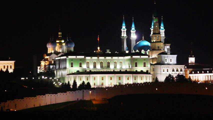 kazan kremlin and kul sharif mosque at night in russia