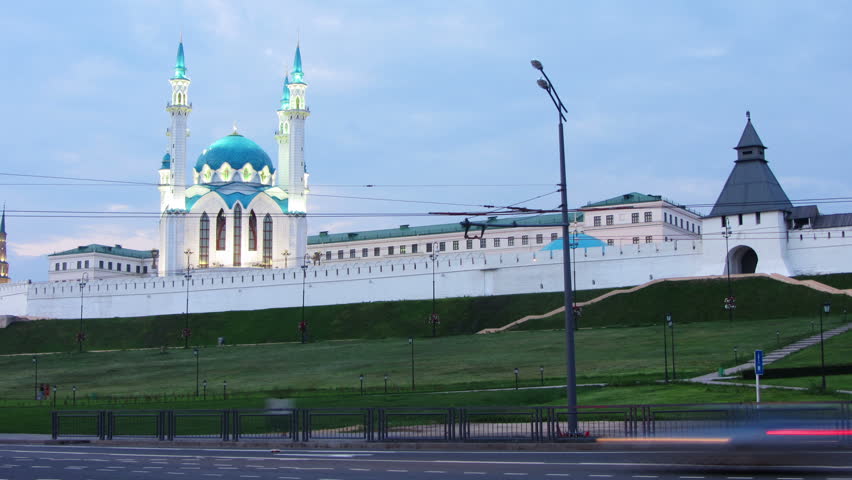 kazan kremlin and kul sharif mosque in russia at evening - timelapse