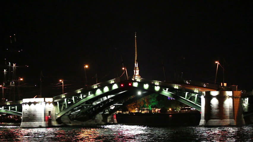 opening drawbridge at night in St. Petersburg Russia