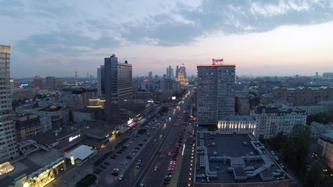 MOSCOW - MAY 12: ( timelapse, wide view) Aerial view of traffic on New Arbat in the evening with cloudy sky, on May 12, 2013 in Moscow, Russia.
