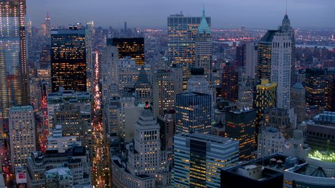 Manhattan financial district at dusk, aerial shot