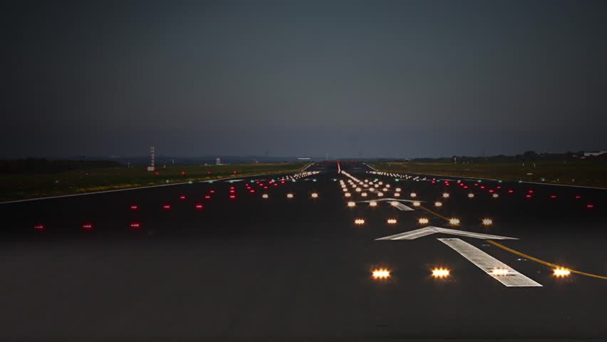 Plane take off. Animation of a silhouette of an airplane taking off at dark
