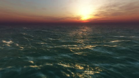 Ocean fly over at sunset, HD high speed animation just above the ocean waves facing the sun