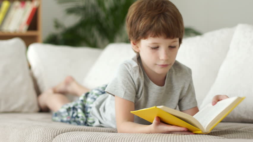 Little boy lying on sofa with book and smiling