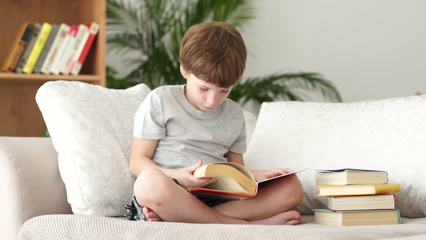 Little boy sitting on sofa and turning pages of book