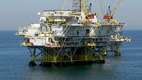 Aerial shot of off shore oil platforms