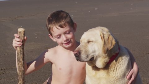 Young boy and dog at the beach