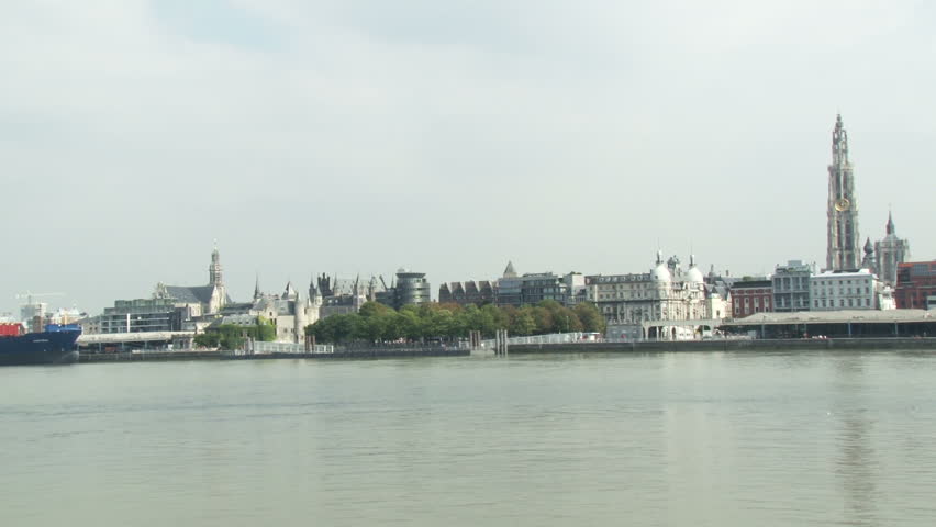 Antwerp ,landmarks and skyline on the right bank of the river Scheldt (Schelde), - Antwerpen, Belgium