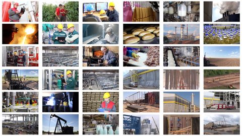 People working in a factory, construction, agriculture, foundry, power plant, food industry, bakery, sunflower oil, sugar factory, chicken farm, oil industry, bottling plant, welder, split screen