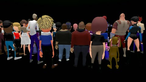 A view from behind a crowd of cartoon characters who are jumping, shouting and cheering. Has Alpha channel. A 3D animated cartoon.