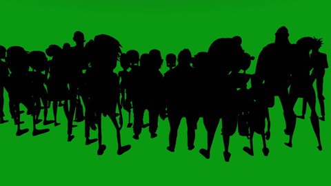 A view from behind a silhouette crowd of cartoon characters who are jumping, shouting and cheering. Has a green screen for easy removal. A 3D animated cartoon.