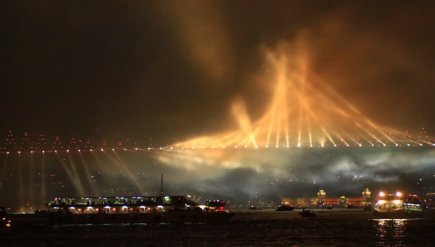 29 Ekim Festival. Running lights over Bosporus Bridge on October, 29 Festival