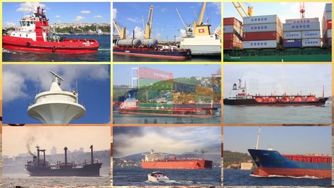 ISTANBUL - CIRCA 2013: (Stylized Multiscreen) Freighter and tanker traffic all around in Istanbul circa 2013. Heavy sea traffic in Bosporus. Montage view of industrial ship collection