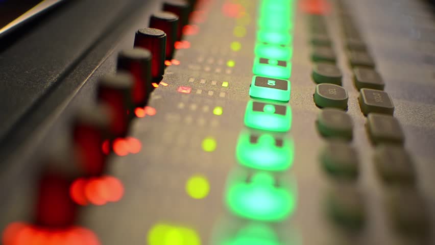 Music Mixer desk table in recording studio. highest quality. closeup footage