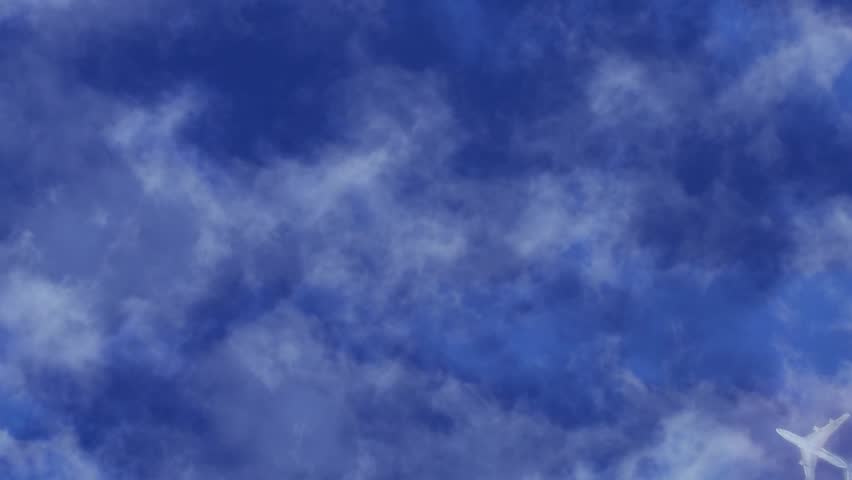 Flying Airplane. Airplane Look from below to plane fly fast over the clouds from