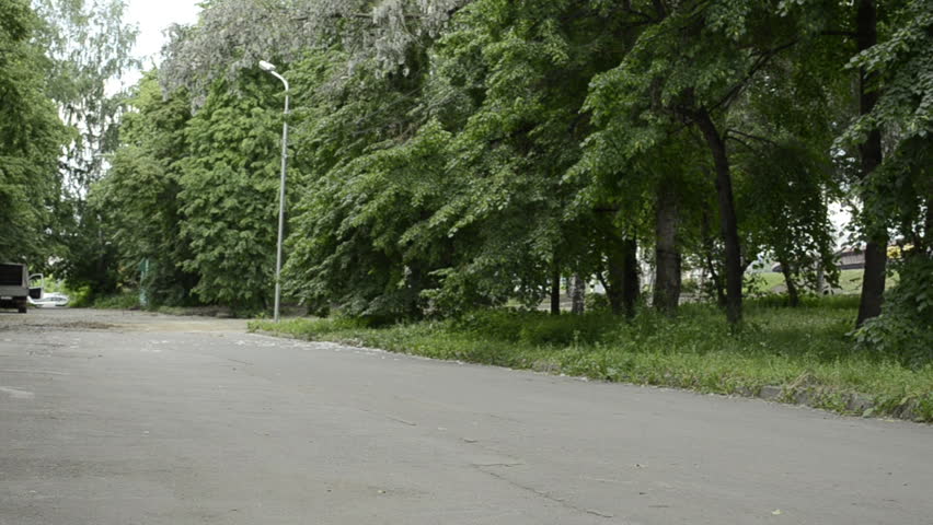 Young pregnant woman is walking in a park talking on the phone. back view