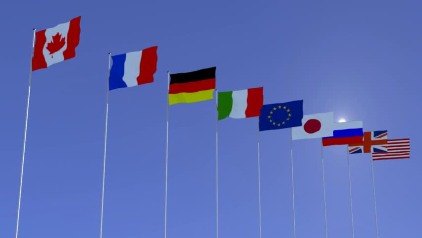 Flags of the G8 Economies and the EU animated against a blue sky