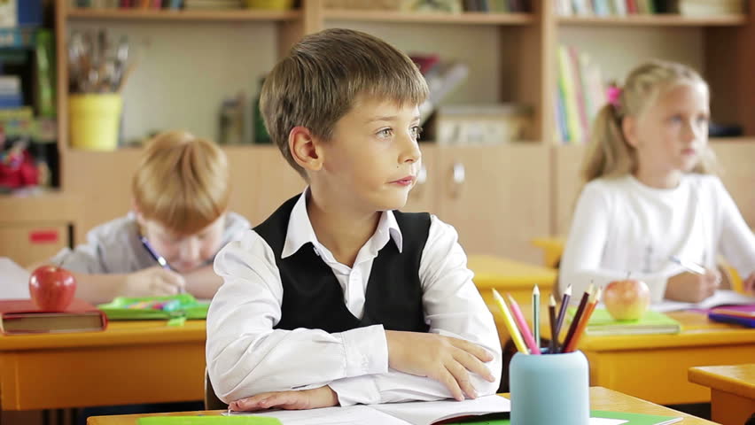 Little schoolboy sitting behind school desk during lesson in school