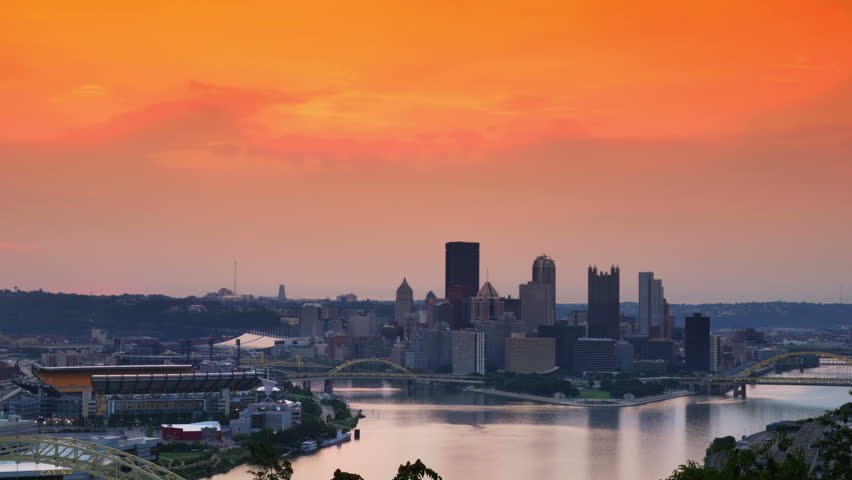 A dramatic time lapse sunrise over Pittsburgh, Pennsylvania.