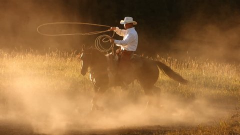 Cowboy roping at sunset, slow motion
