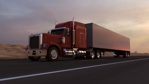 Animation of an 18 Wheel Truck on the road during dusk. Shot from the side and front.