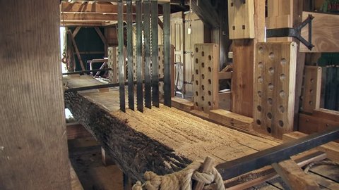  Traditional frame sawmill or gate sawmill, gang saw with multiple straight blades moves up and down sawing oak boards in one pass - medium shot.
