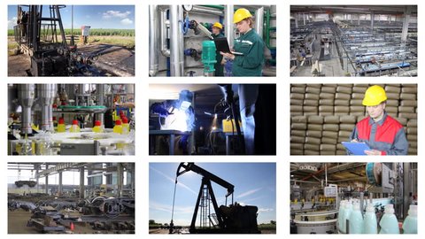 Industrial production, welder, metal industry, sugar factory, processing of corn, liquid detergent, bottling, quarry, oil pump, construction, grinding, production of rubber. Collage, timelapse