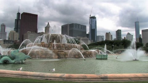 A seagull swoops in and lands on the Buckingham Fountain in front of the Chicago skyline 