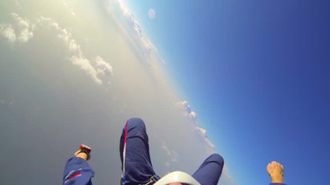 parachutists against the clear sky

video parachute jumps (skydiving) from a first-person
video coast skydiver in air flows at an altitude of 4000 m before opening of the parachute