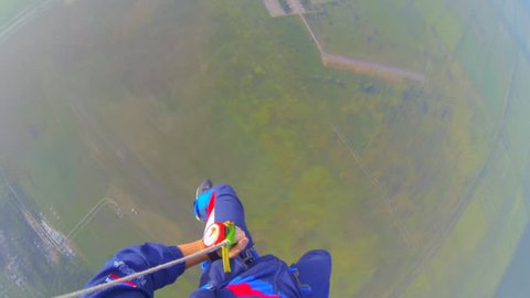 video parachute jumps (skydiving) from a first-person
video shooting process parachute opens in the first person