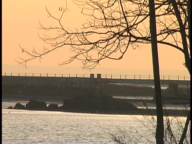 Bridge over rocky water at sunset with winter tree
