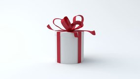 White gift in the shape of a cylinder with red ribbon opening. Include alpha and chroma channel 