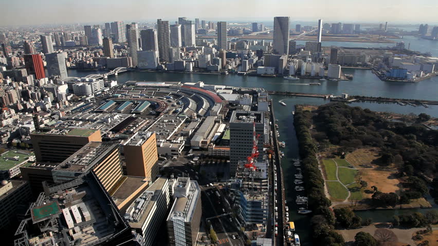 Elevated view of Tokyo skyline and harbor from Shibuya district, Tokyo, Japan
