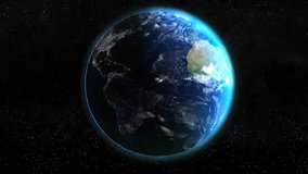 Beautiful Earth animation. The planet is rotating in correct direction. Brightly illuminated from one side and visible city lights on the dark side.