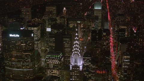 Aerial shot of New York and Chrysler Building at night 