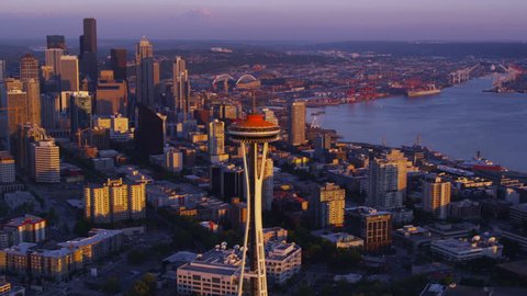 Aerial shot of Seattle at dusk  Stock Video