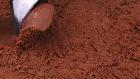 Close up of chocolate ice cream being scooped 