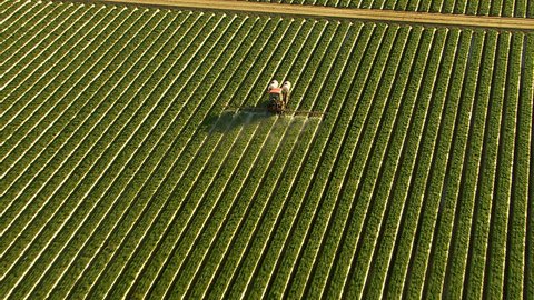 Aerial shot of tractor spraying field