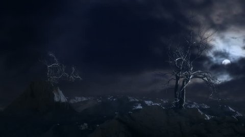 Old dead trees in a barren, rocky landscape at night, blowing in the wind. Time lapse sky and moon background composited with computer generated trees and landscape. 