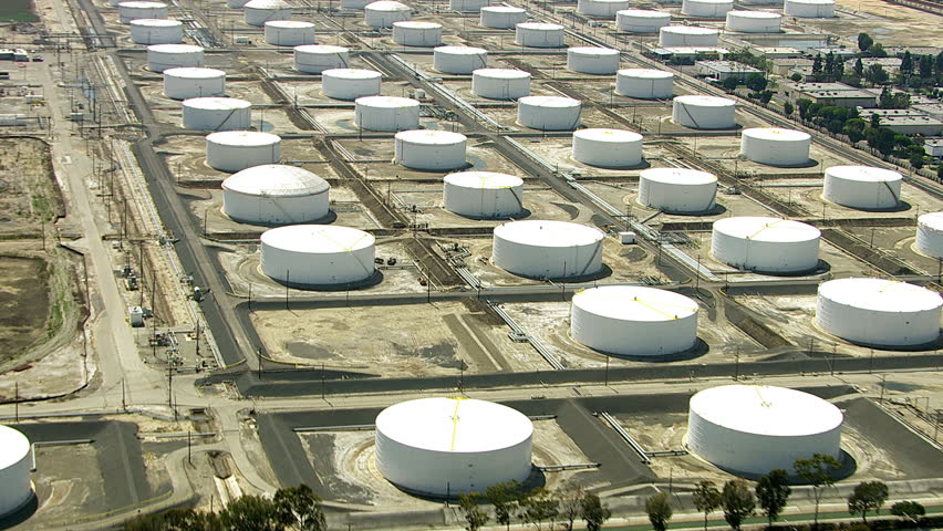Aerial shot of storage tanks at oil refinery