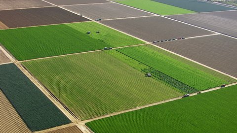 Fields with various types of agriculture, aerial shot