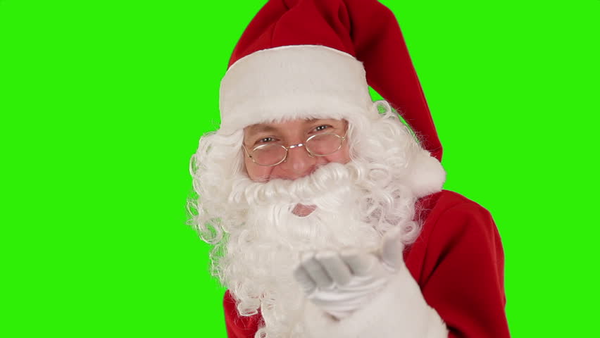 Santa Claus Presenting a Tablet then sending a Kiss and saying Bye Bye, Green