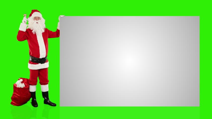Santa Claus shaking bell presenting a white sheet, Green Screen