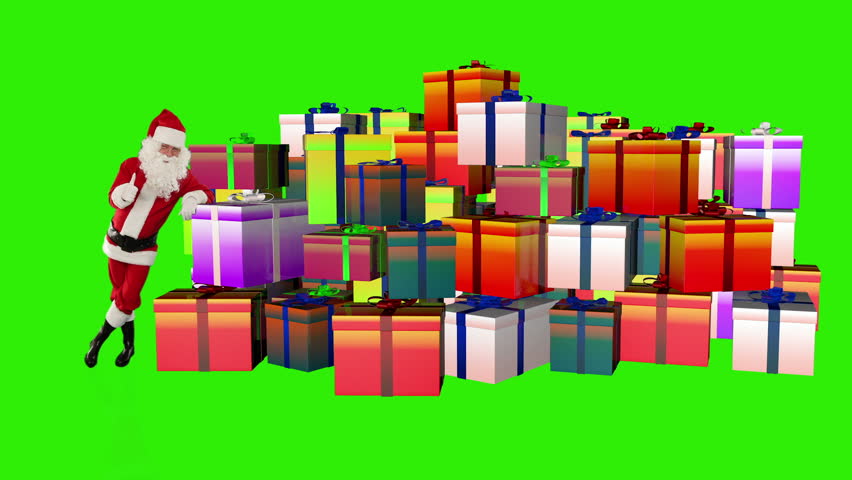 Santa Claus magically piling up gift boxes, Green Screen