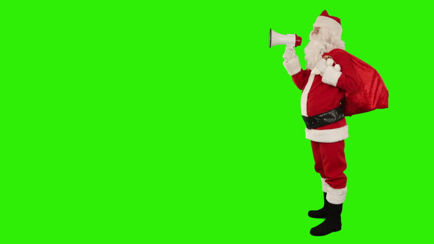 Santa Claus with a loudspeaker making an announcement, Green Screen