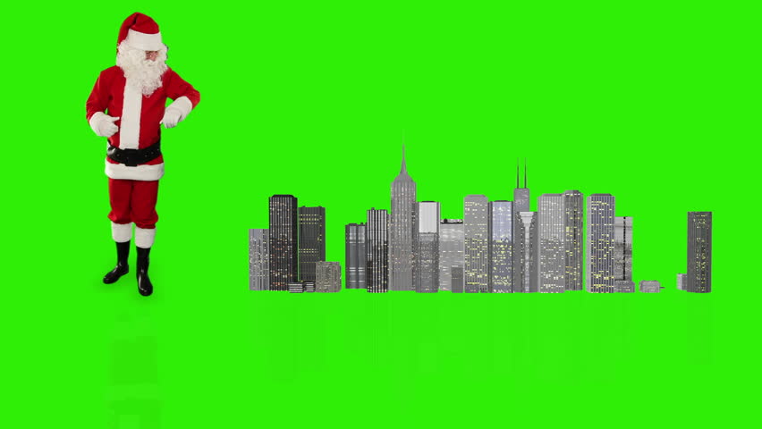Santa Claus magically building a modern city, Green Screen