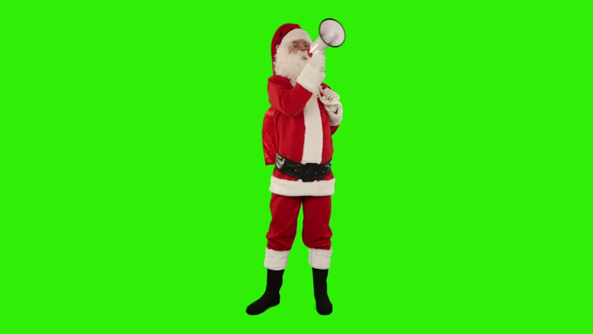 Santa Claus with a loudspeaker making an announcement, front view, Green Screen