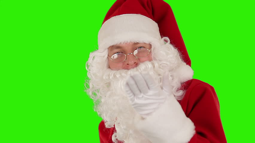 Santa Claus Presenting a White Sheet then sending a Kiss and saying Bye, Green